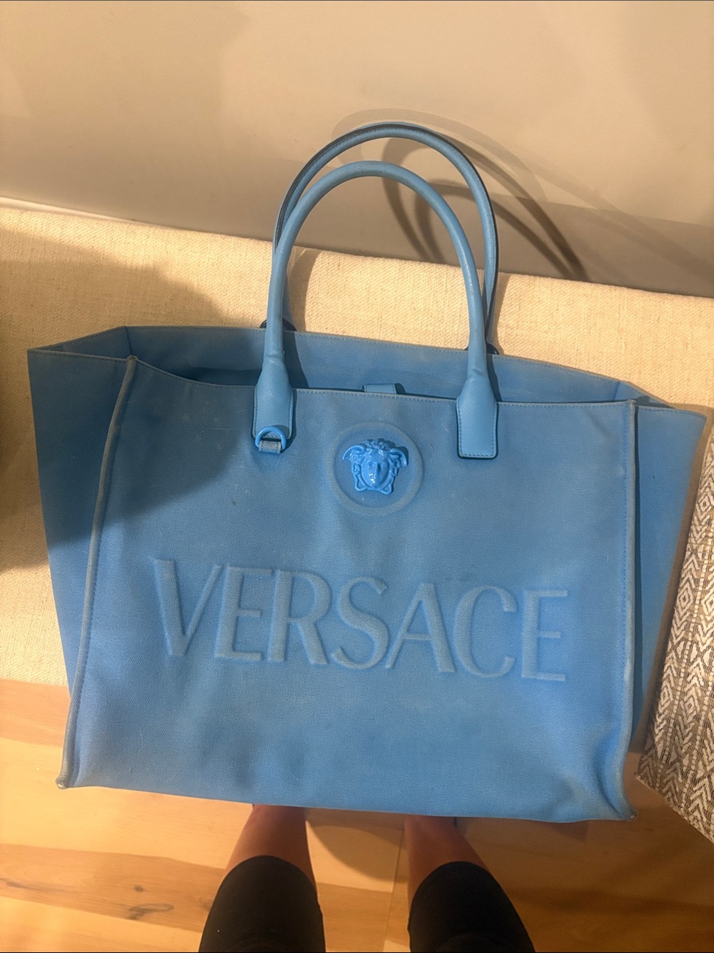 Versace Blue Leather Tote with Embossed Medusa